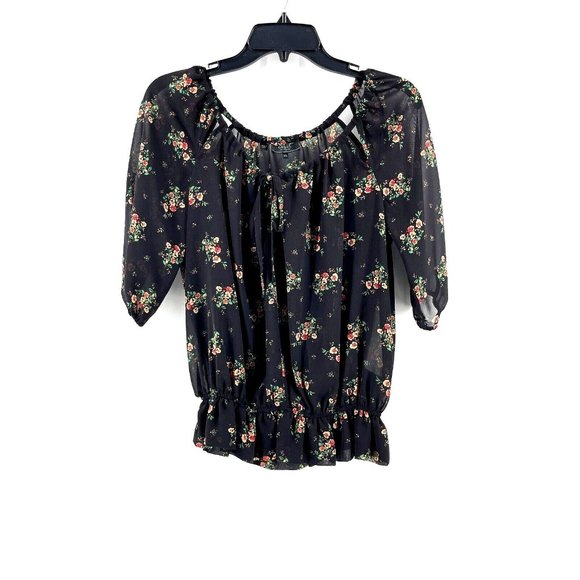 Guess Tops - Guess Women's Sheer Short Sleeve Black Floral Peasant Boho Top Blouse Size XS